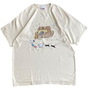 Vintage Anvil Cream Tone Cotton Embroidered Noah’s Ark & Animals Tee T-Shirt XL
